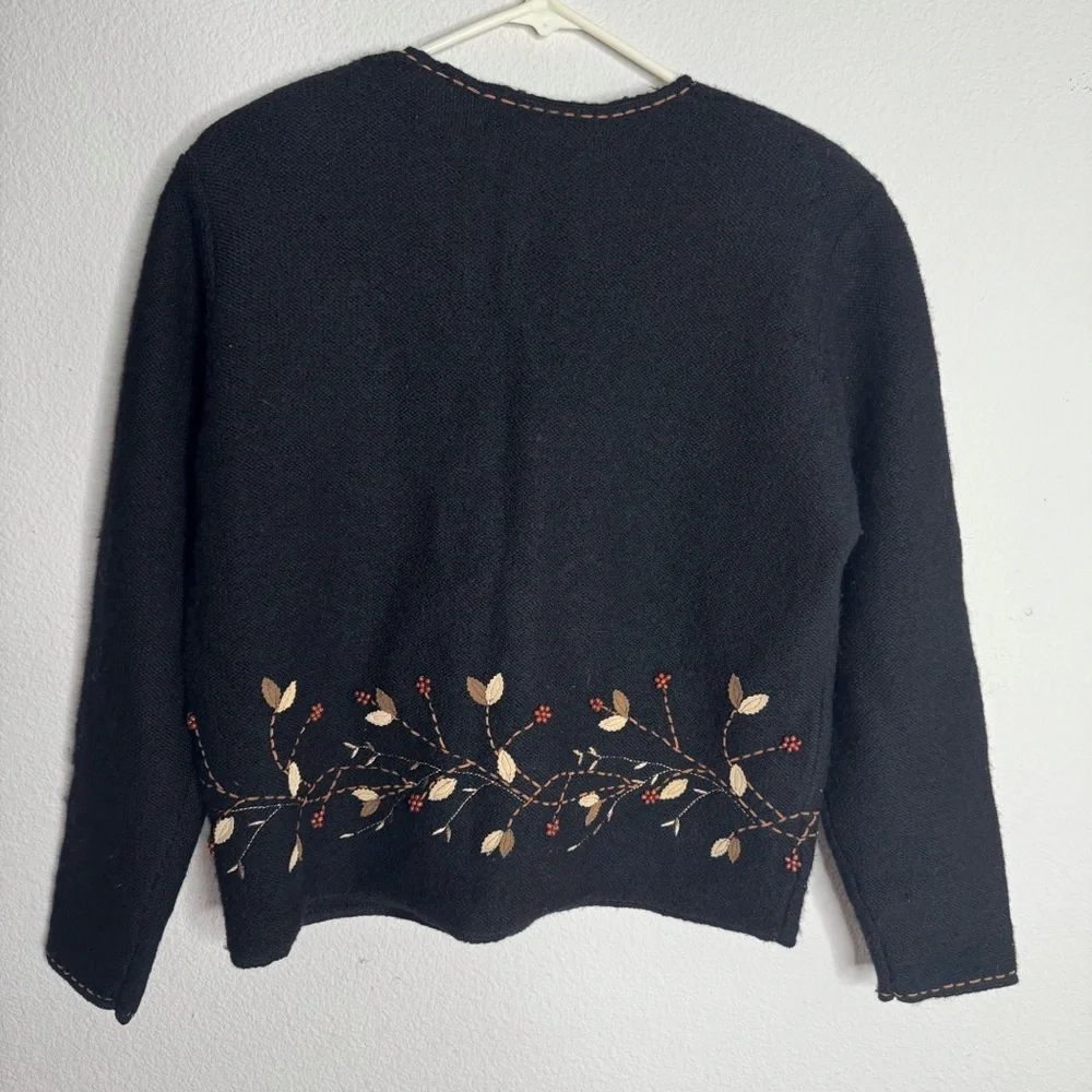 Susan Bristol vintage hand embroidered black leaf wool cardigan medium